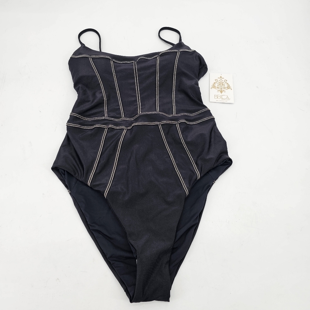 Becca Women's Black Color Sheen Corset-Seamed One-Piece Swimsuit Medium - Picture 3 of 7